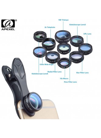 Apexel 10in1 Phone camera Lens Kit Fisheye Wide Angle macro 2X telescope Lens (APL-DG10)